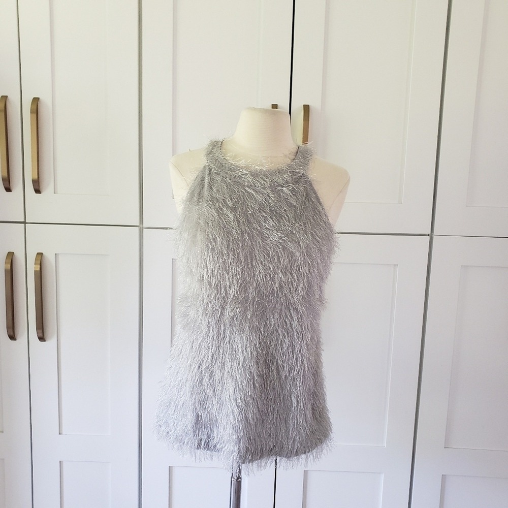 Belle Poque Halter‎ Top Womens M Gray Furry Sparkly Disco Party Blouse